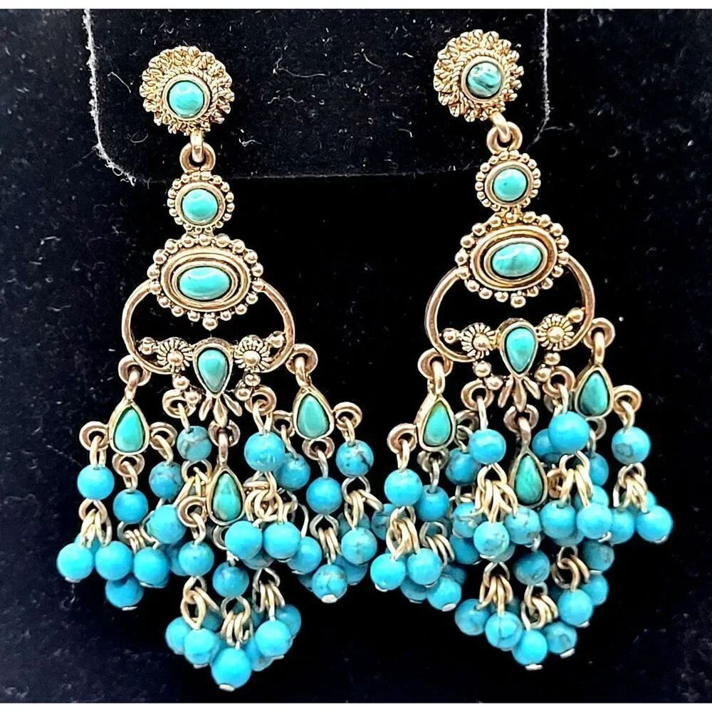 Southwestern Style Chandelier Dangle Turquoise Silver tone Earrings 3in